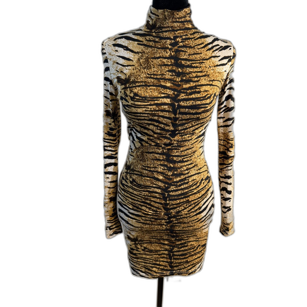 Tiger Print Mini Dress — Long Sleeve, Fitted, Roberto Cavalli-Style